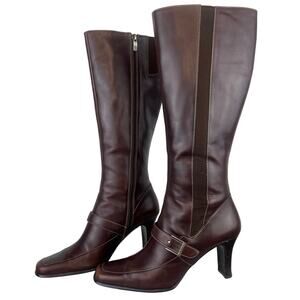 Vintage Anne Klein Square Toe Genuine Brown Leather Tall Boots (Sz 6.5)